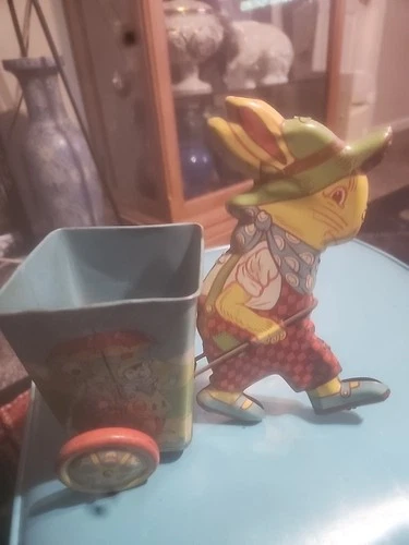 Vintage J. Chein & Co. Tin Litho Easter Bunny Rabbit Pulling Cart Nursery Humpty