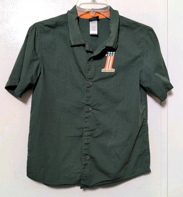 HARLEY DAVIDSON Youth Size 12/14 Green Button Up Shirt American Flag 1