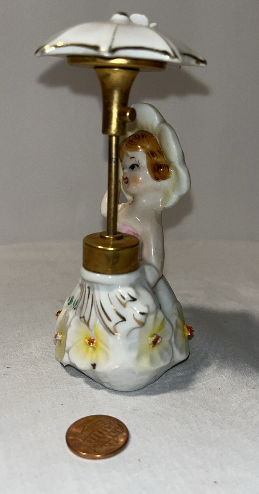 Vintage Dev DeVilbiss Porcelain Girl with Umbrella Perfume Bottle 4.75