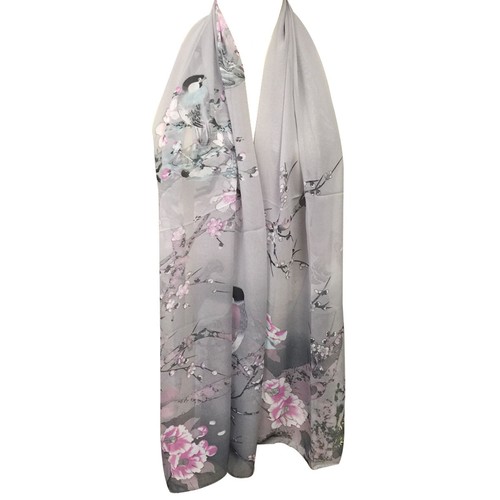 Wrapables Floral Bird Print Polyester and Silk Oblong Scarf, Twilight Dusk - Picture 2 of 5