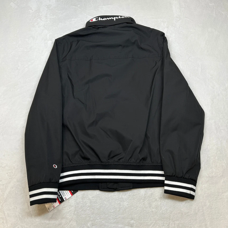 Chaqueta de bombardero Champion para hombre mediana negra cremallera completa cortavientos puños a rayas NUEVA Foto 3 de 4