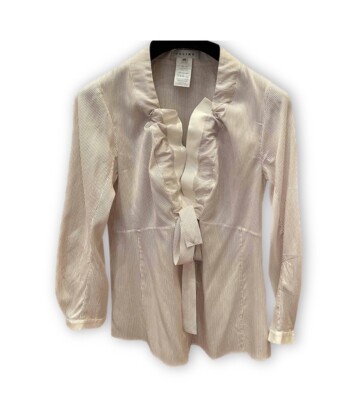 Celine Open Front Silk Pin Striped Low Bow  Blouse
