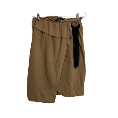 Zara Basic Linen Blend Faux Wrap Pull On Black Tie Belt Tan Skirt Womens Size S