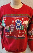 Vintage Women Size L Ugly Christmas Sweatshirt Village Red Double Side Sleeve