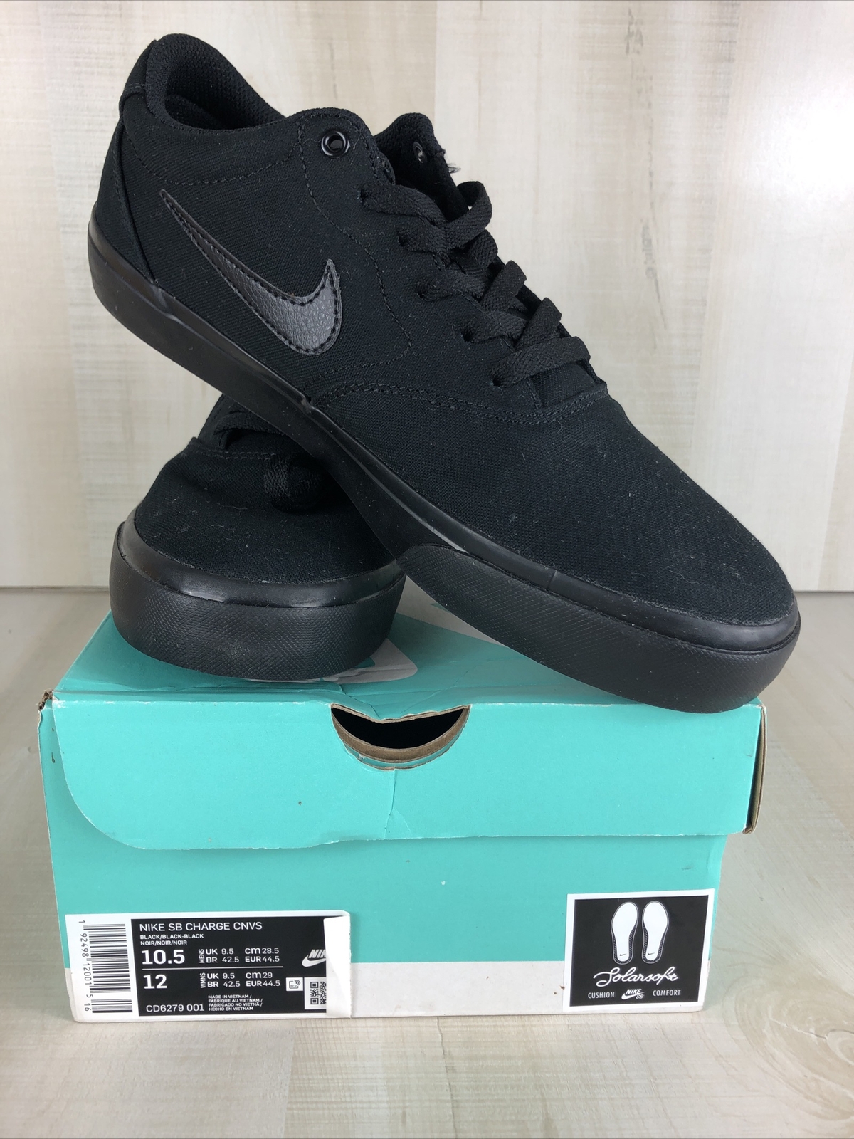 Size 10.5 - Nike SB Charge Canvas Triple Black for sale online | eBay