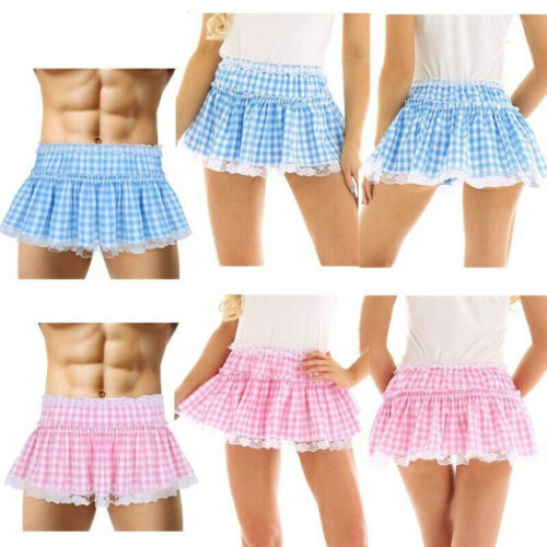 Sissy Mens Women Elastic Waist Gingham A-line Mini Pleated Skirts Fancy Dresses - Picture 5 of 23