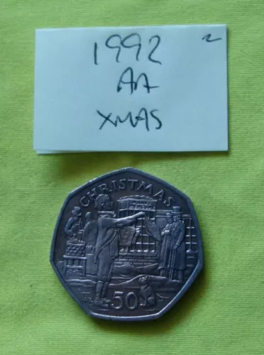 1992 isle of man manx 50p coin ** aa die  ** - christmas xmas - 2 image 1