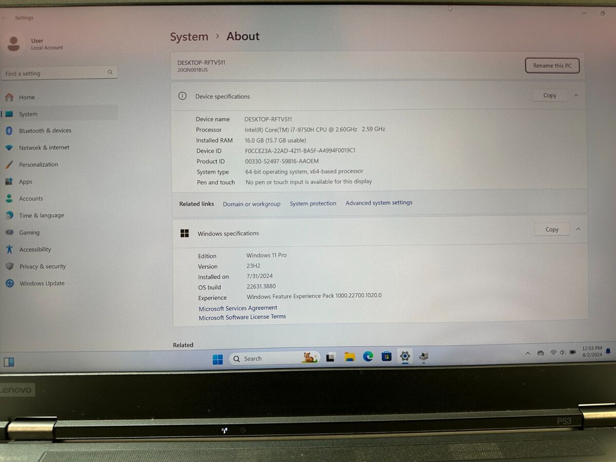 Lenovo TP P53 i7-9750H 16GB 1TB SSD Quadro T2000 Win 11 Pro Lenovo TP P53 i7-9750H 16GB 1TB SSD Quadro T2000 Win 11 Pro