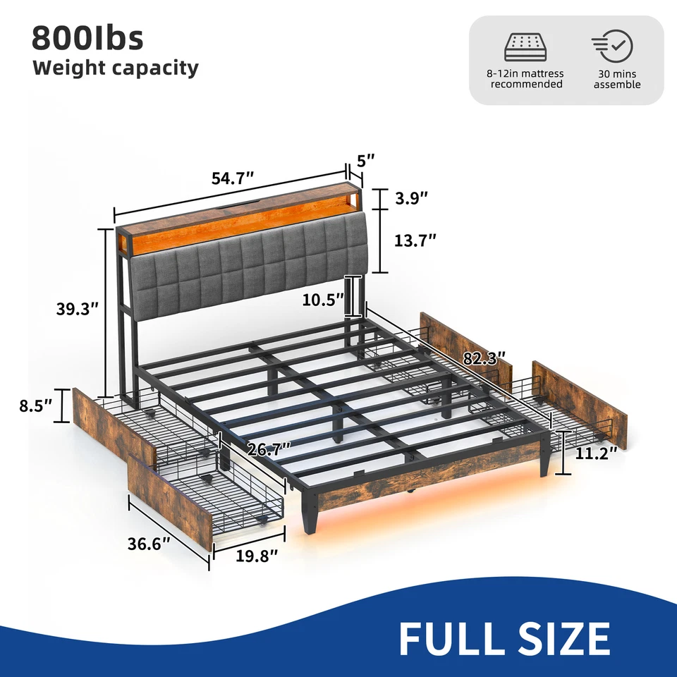 Full/Queen/King Size Bed Frame Upholstered Platform w/RGB LED Lights & 4 Drawers - Image 4 of 4