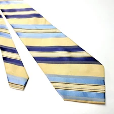 Perry Ellis Portfolio Yellow Beige & Blue Silk Tie Woven Regimental