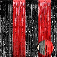 3-Pack Black Red Foil Fringe Curtain 3.28x9.8 Ft Metallic Tinsel Backdrop