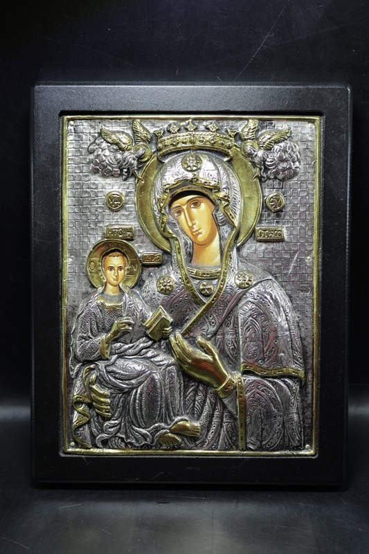 Byzantine Wall Art, Virgin Mary & Baby Jesus, Sterling Silver/Gold Plated 950 SS
