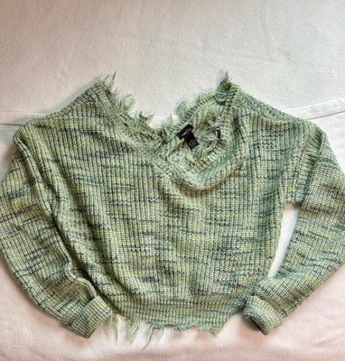 Rue 21 Women's Large Green Cropped Deconstructed Oversized Sweater