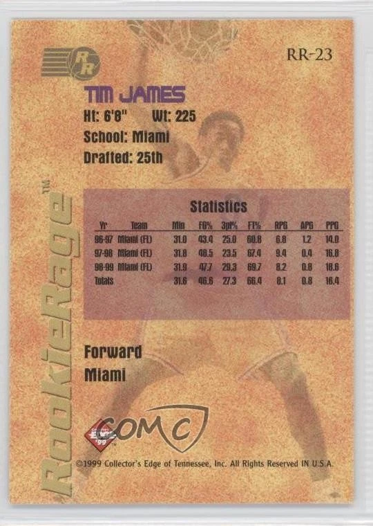 1999 Collector's Edge Rookie Rage Tim James #RR-23 RC - Image 2 of 2