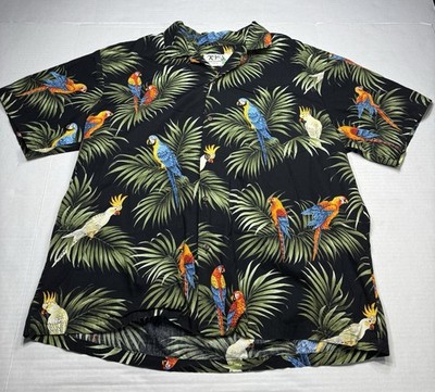 Vintage KY's Hawaiian Aloha Shirt Mens XL Black Parrots Print Birds USA Palm