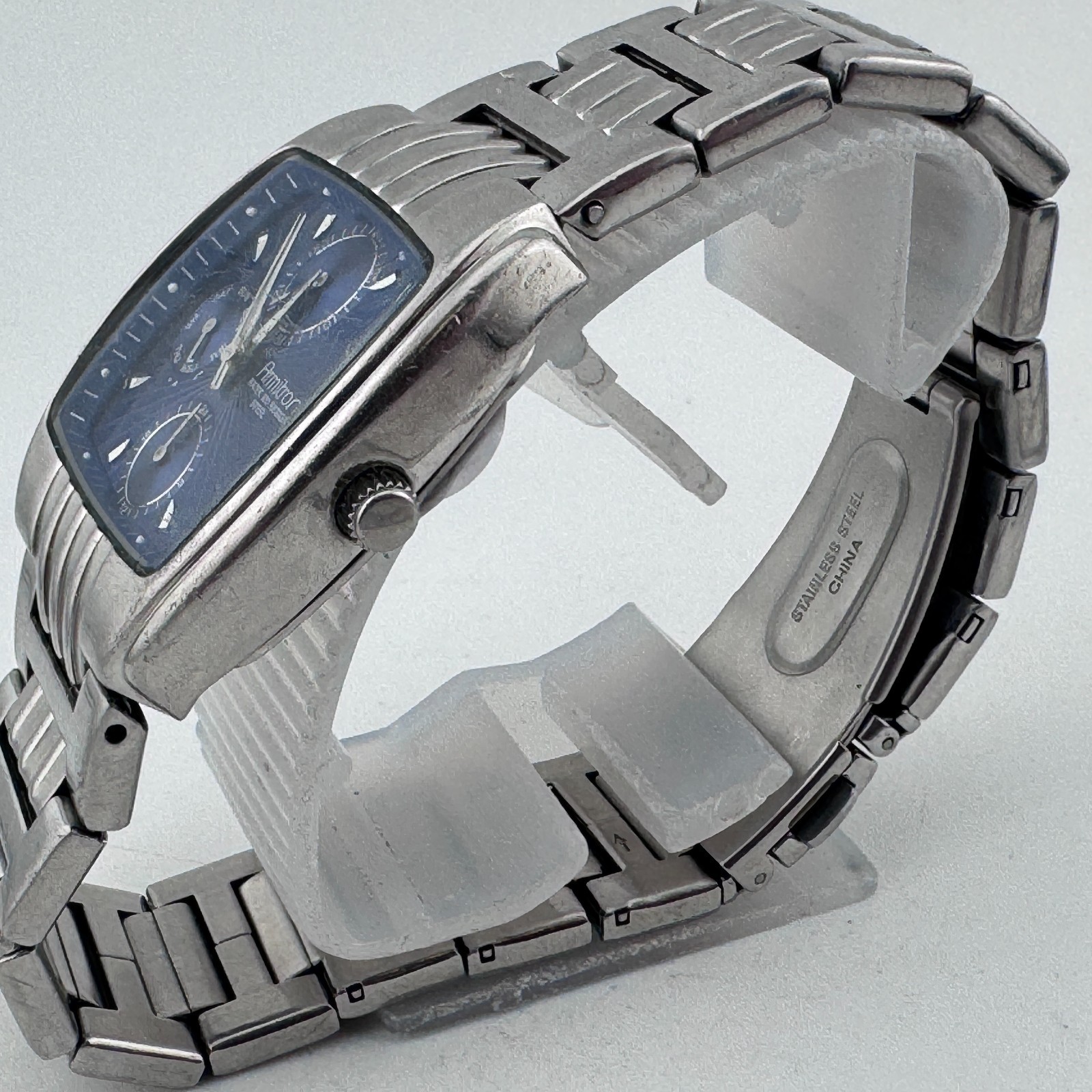 Armitron Quartz Watch Men Silver Blue Barrel Day Date Japan Analog New Batter 8"