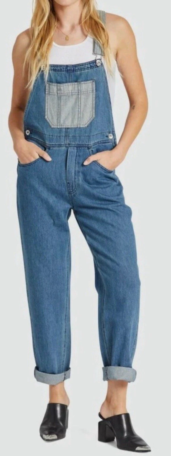BRIXTON Costa Two Tone Denim Overalls Casual Bohemian Straight Leg Peasant sz M