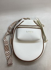 Litmon White Pebble Leather Sling Crossbody Bag Brown Geometric Strap Gold Tone