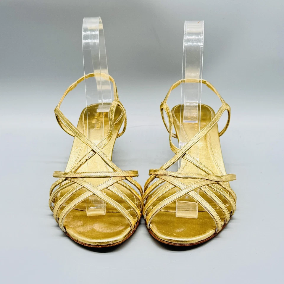 Sandalias Sergio Rossi para mujer 8,5 cuero dorado con tiras tacones de gatito Foto 3 de 4