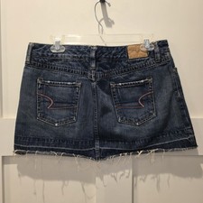 VTG American Eagle Women's Denim Jean Micro Mini Skirt Distressed Raw Hem Y2K