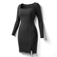 SHEIN Black Lace Trim Square Neck Long Sleeve Bodycon Mini Dress Size S