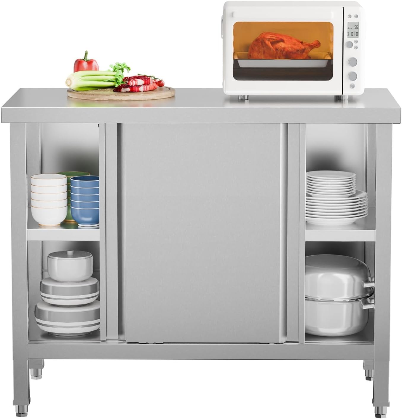 Commercial Heavy Duty Prep & Work Table with Cabinet & 2 Sliding Doors for Hotel