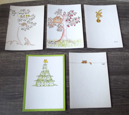 5 Cute Kitty Cat Unused Note Cards-1970's Greetings Artist Drawn by Boynton