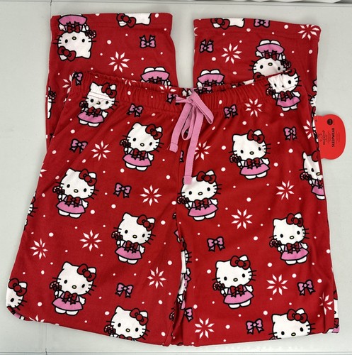 Hello Kitty Christmas Pajama Pants M Red with Pink Dress Snowflakes & Candy Cane - Afbeelding 6 van 9