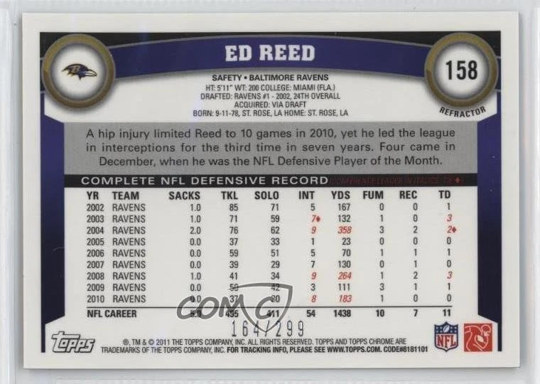 2011 Topps Chrome Black Refractor /299 Ed Reed #158 HOF - Image 2 of 2