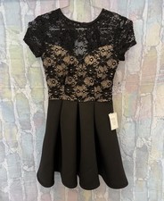 B Darlin NWT Lace Overlay Short Fit & Flare Black Nude Mini Dress 3/4 3 4