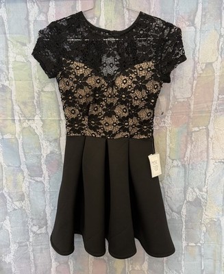 B Darlin NWT Lace Overlay Short Fit & Flare Black Nude Mini Dress 3/4 3 4 |  eBay