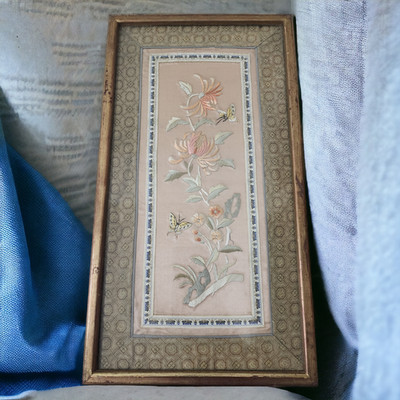 VTG Hand-Stitched Chinese Silk Embroidery Bird Cherry Blossom Framed Wall Art