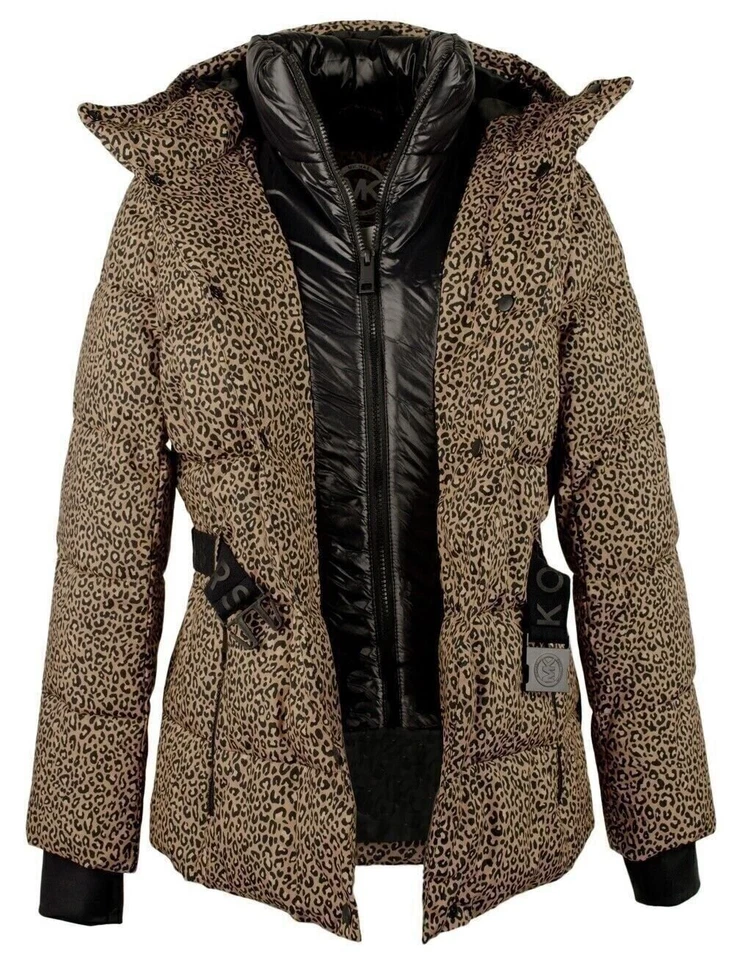 Michael Kors Women's Hooded Leopard Print Belted Puffer Coat Jacket Medium - Image 3 of 4