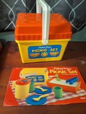 Vtg 1985 Fisher Price Picnic Basket Complete Set Kitchen Grill Dishes Utensils