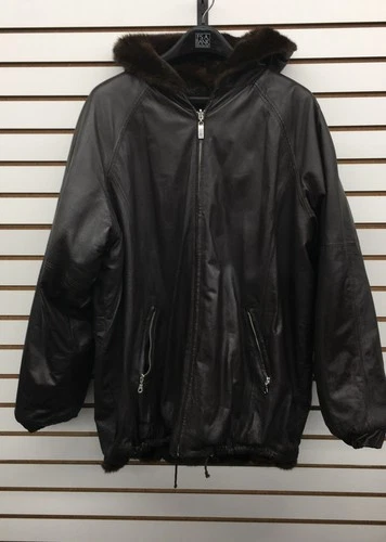 Mark Andre New York Men's Reversible Leather Faux Fur Hooded Jacket Brown Sz XL - product listing photo