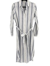 CLOTH & STONE Women's White Blue Stripe Lone Sleeve Belted Shirt Dress Medium