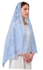 Long Lace Mantilla Veil Head Wrap Shawl for Catholic Wedding, Chapel Skyblue