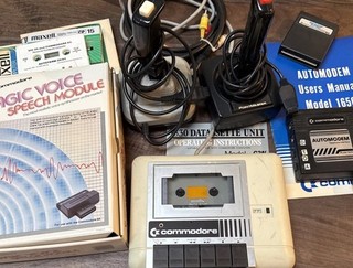 Vintage Commodore 64 Lot Automodem Joysticks MagicVoice Tape Player No Comp