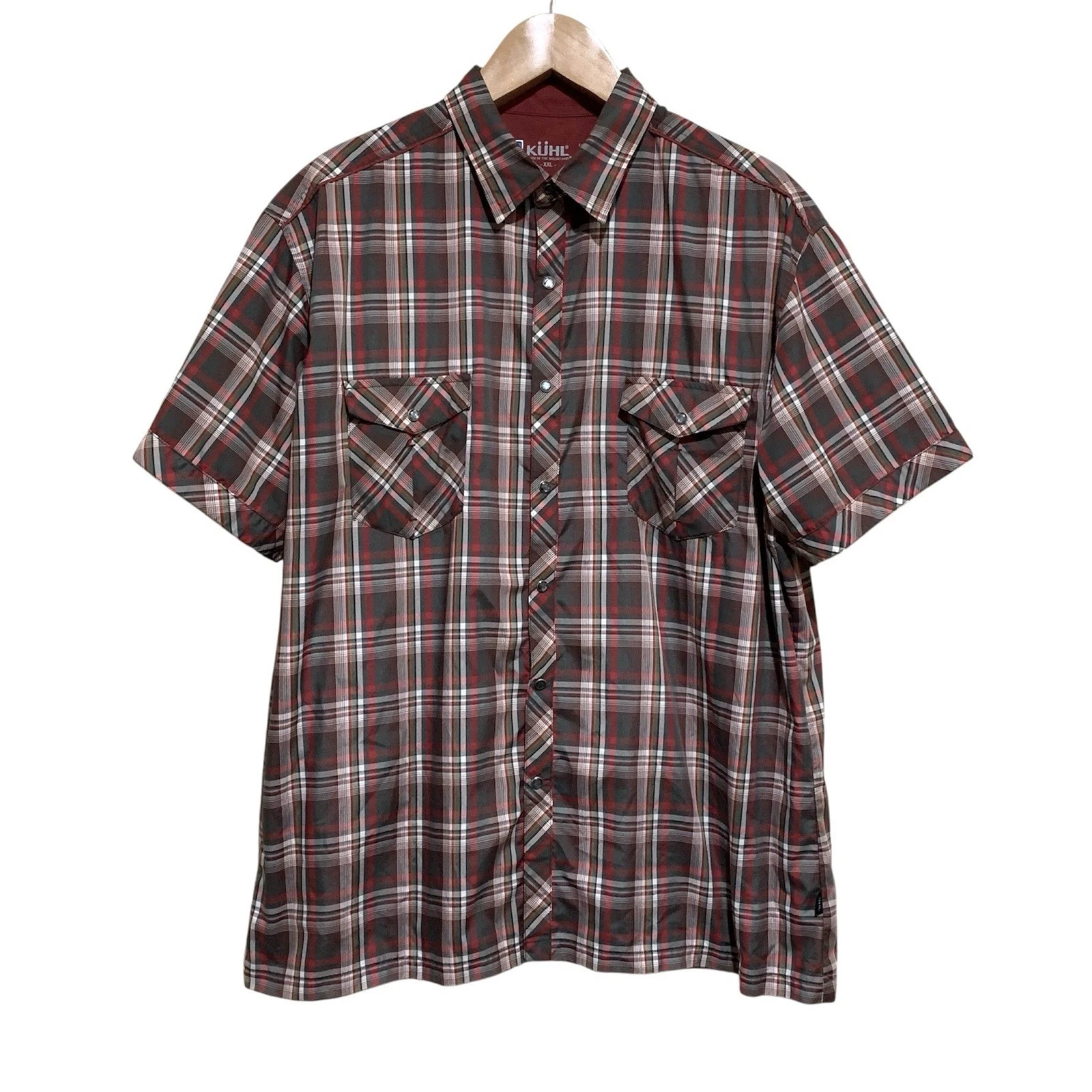 Kuhl Eluxur 2XL Shirt Pearl Snap Short Sleeve Red Gray Plaid Outdoor Camp Hiking