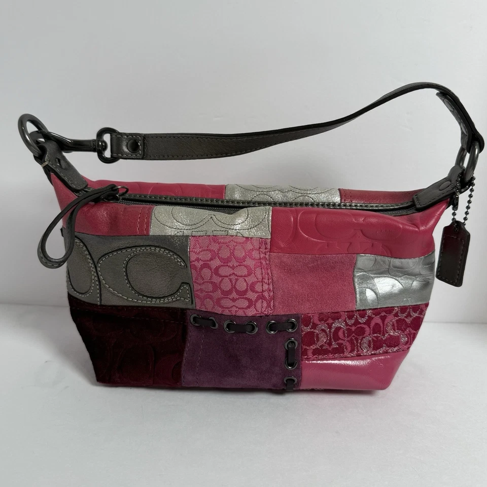 Bolso de Hombro Coach Signature Patchwork Rosa Y2K Cuero Lona Gamuza Foto 2 de 4
