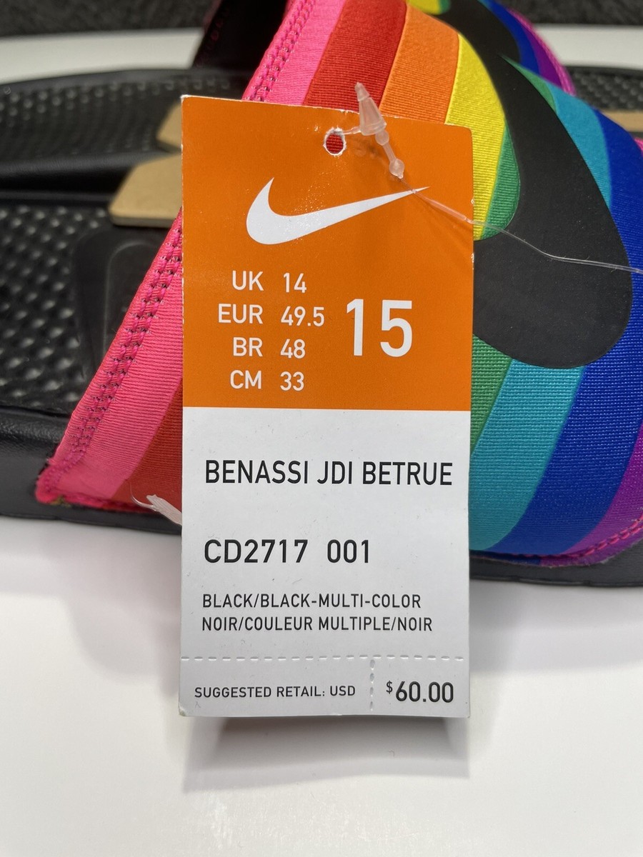 New Nike Benassi JDI “BETRUE” CD2717-001 Mens Size 15 Rainbow