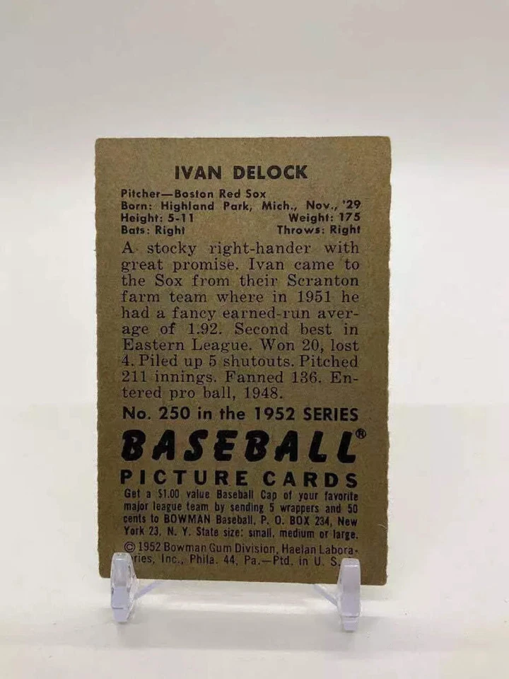 Ivan Delock 1952 Bowman Rookie Card #250 Boston Red Sox VG-EX - Image 2 of 2