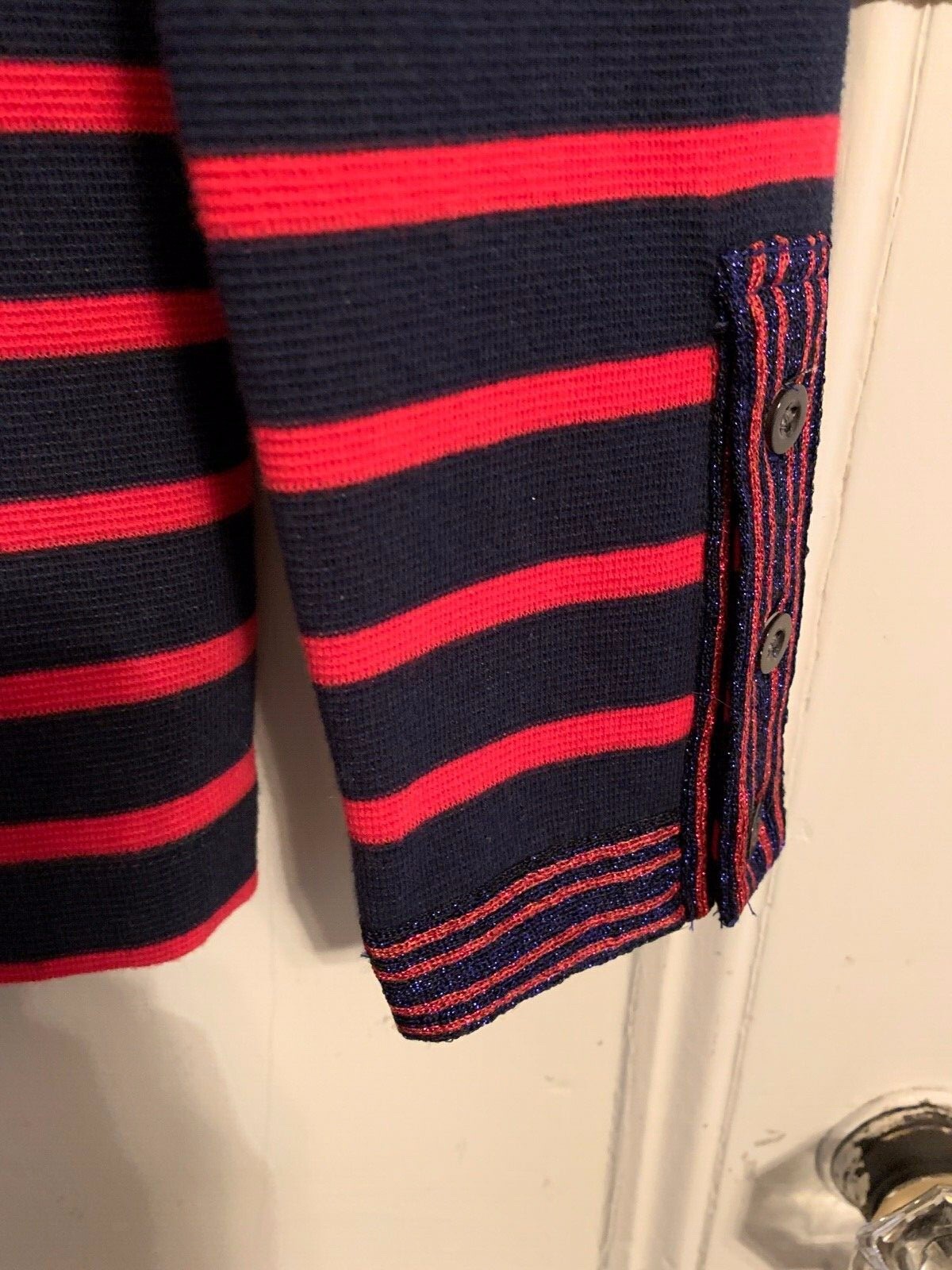 NWT NEW J. CREW HOLIDAY STRIPED CARDIGAN SWEATER METALLIC TRIM NAVY RED