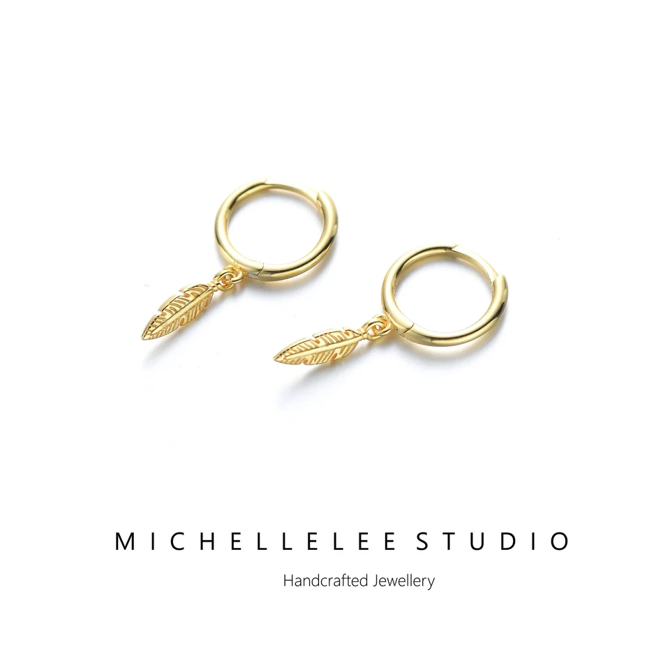 Sterling Silver Feather Huggie Hoop Earrings,Tiny Feather Charm Hoops - Image 4 of 4