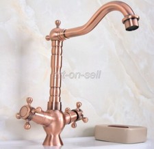 Red Copper Dual Cross Handles Swivel Spout Kitchen Sink Basin Faucet Mixer Tap