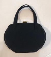 Vtg 40s Black Wool Felt Purse Handbag Gold Brass Frame Chained Purse