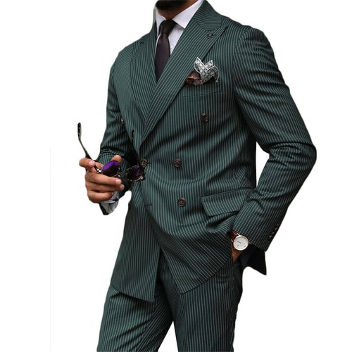 Green Pinstripe Men Suits Peak Lapel Double-Breasted Tuxedos Wedding Prom Blazer - Picture 5 of 10