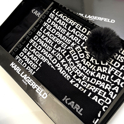 New $160 3pc Karl Lagerfeld Paris Hat + Scarf + Gloves Box Set Rhinestones Knit