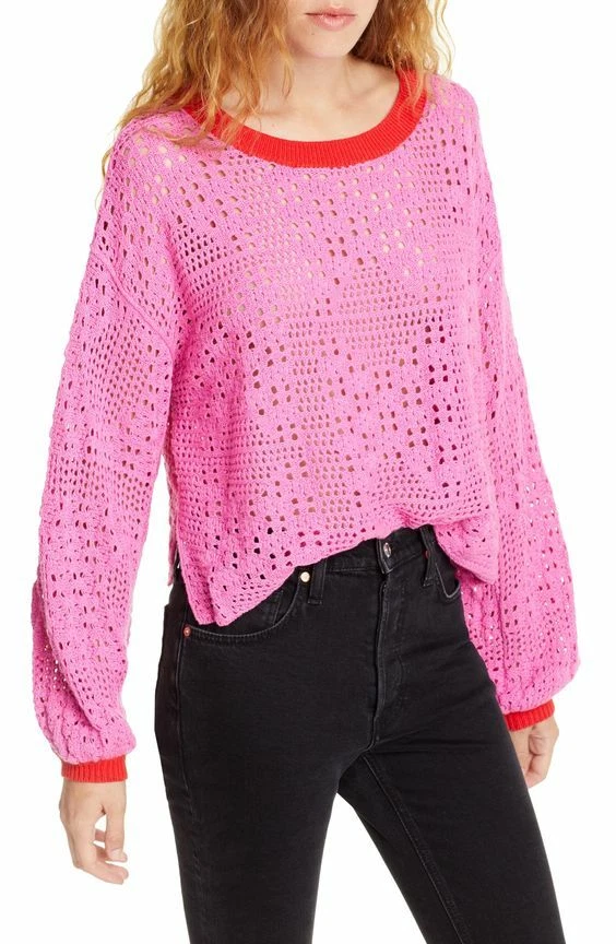 Free People Home Run Cotton Crochet Cropped Sweater XS NWT