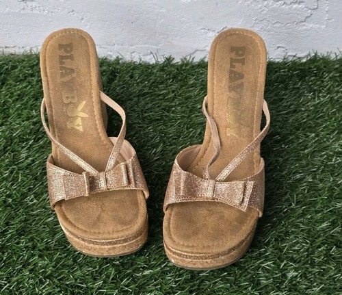 Y2K Playboy Rose Gold L.A Glitter Bow Platform Wedge Sandals Shoes Women's 10 - Picture 2 of 9